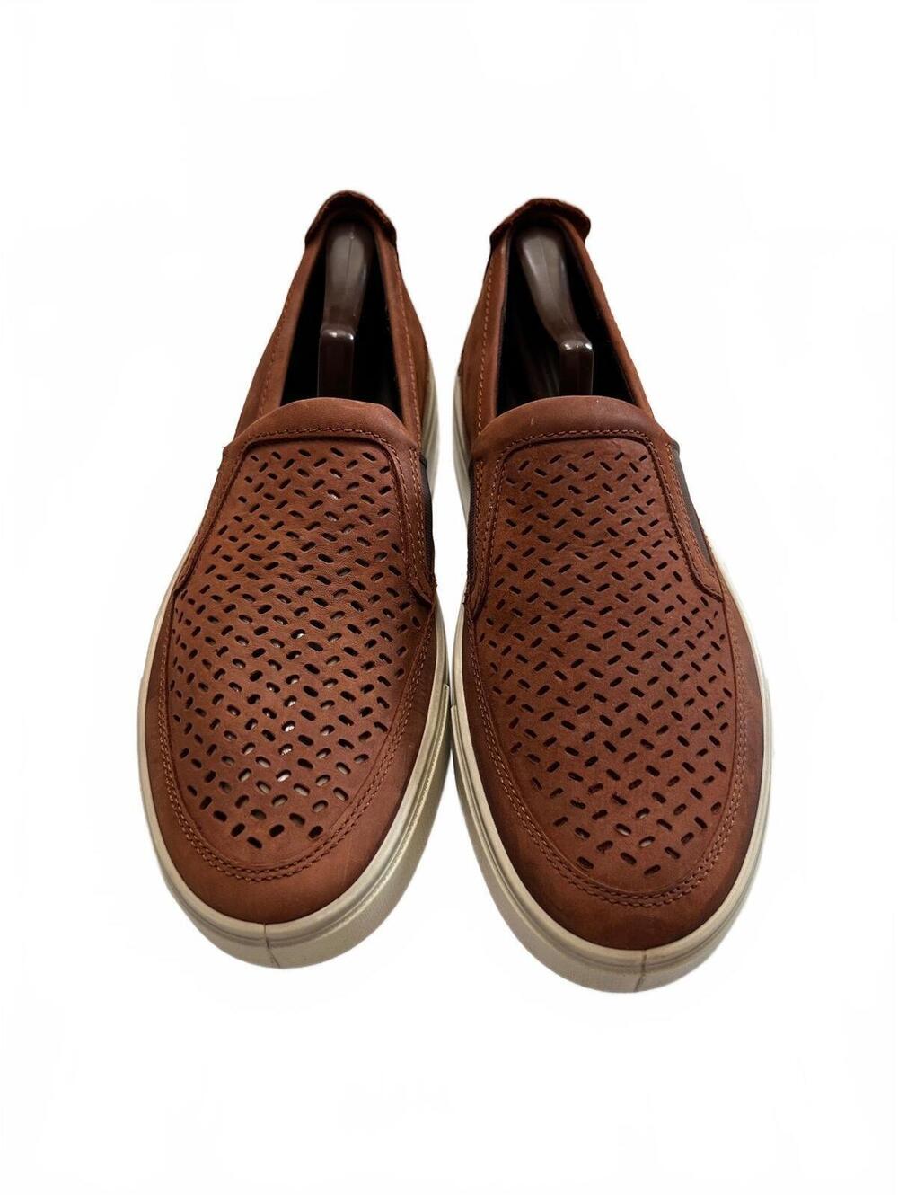 ECCO Kyle Perforated Leather Slip On Loafer Sneakers Cognac Brown Mens US 9